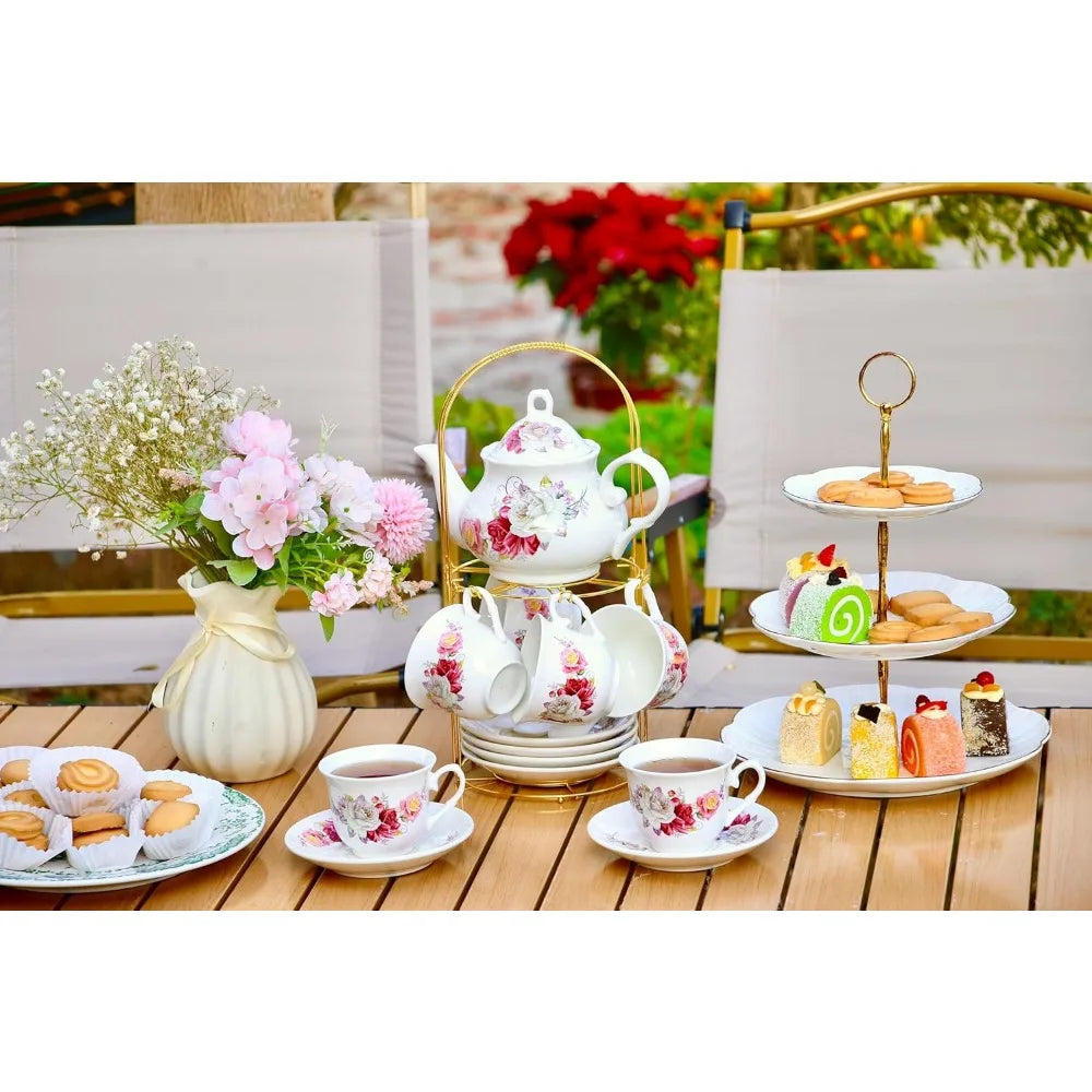 20-Piece Luxury Bone China Tea & Coffee Set with Gold Metal Rack – Elegant Gift & Home Party Ensemble
