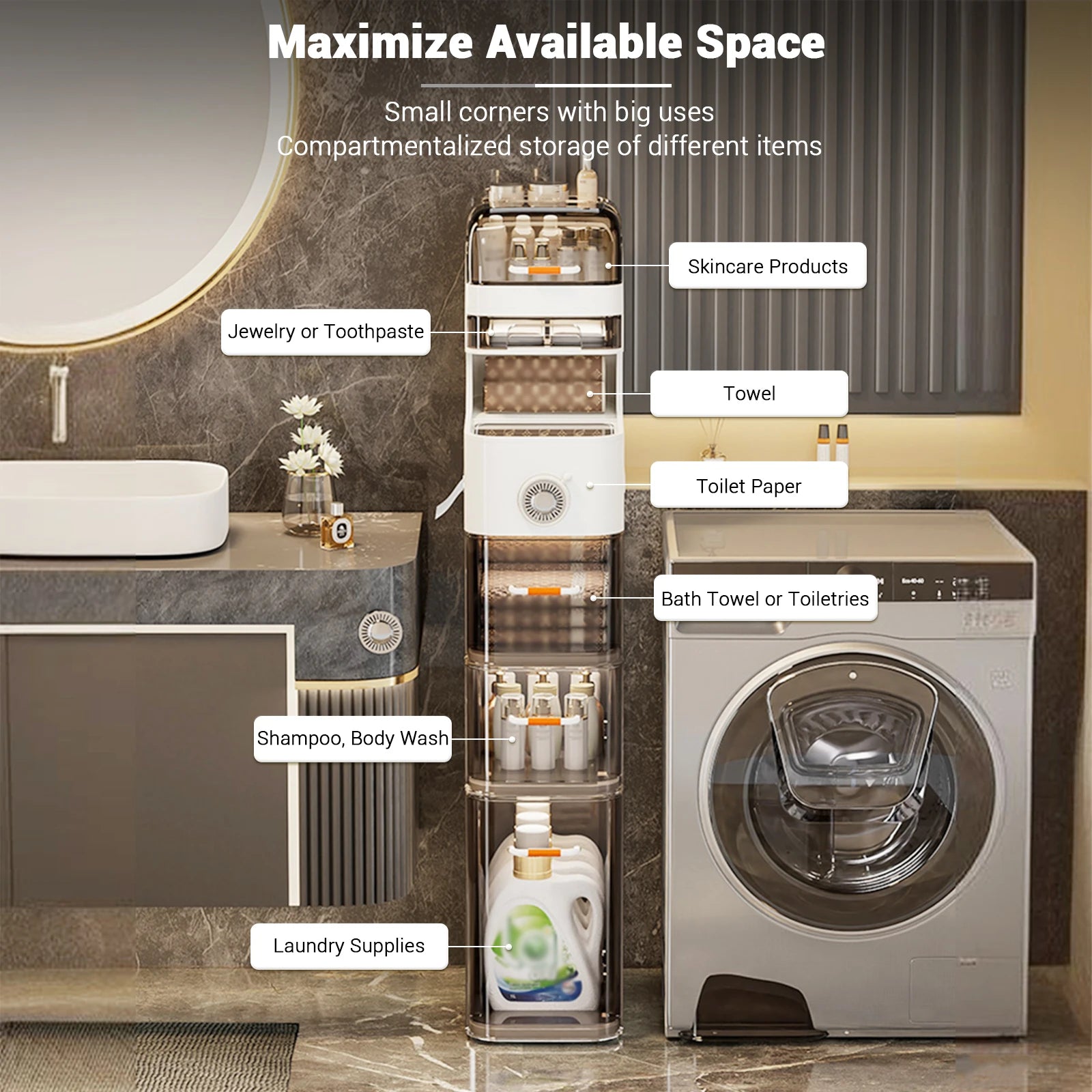 Slim Movable Bathroom Cabinet with Wheels & Plastic Drawers – Mobile Storage Cart for Small Spaces