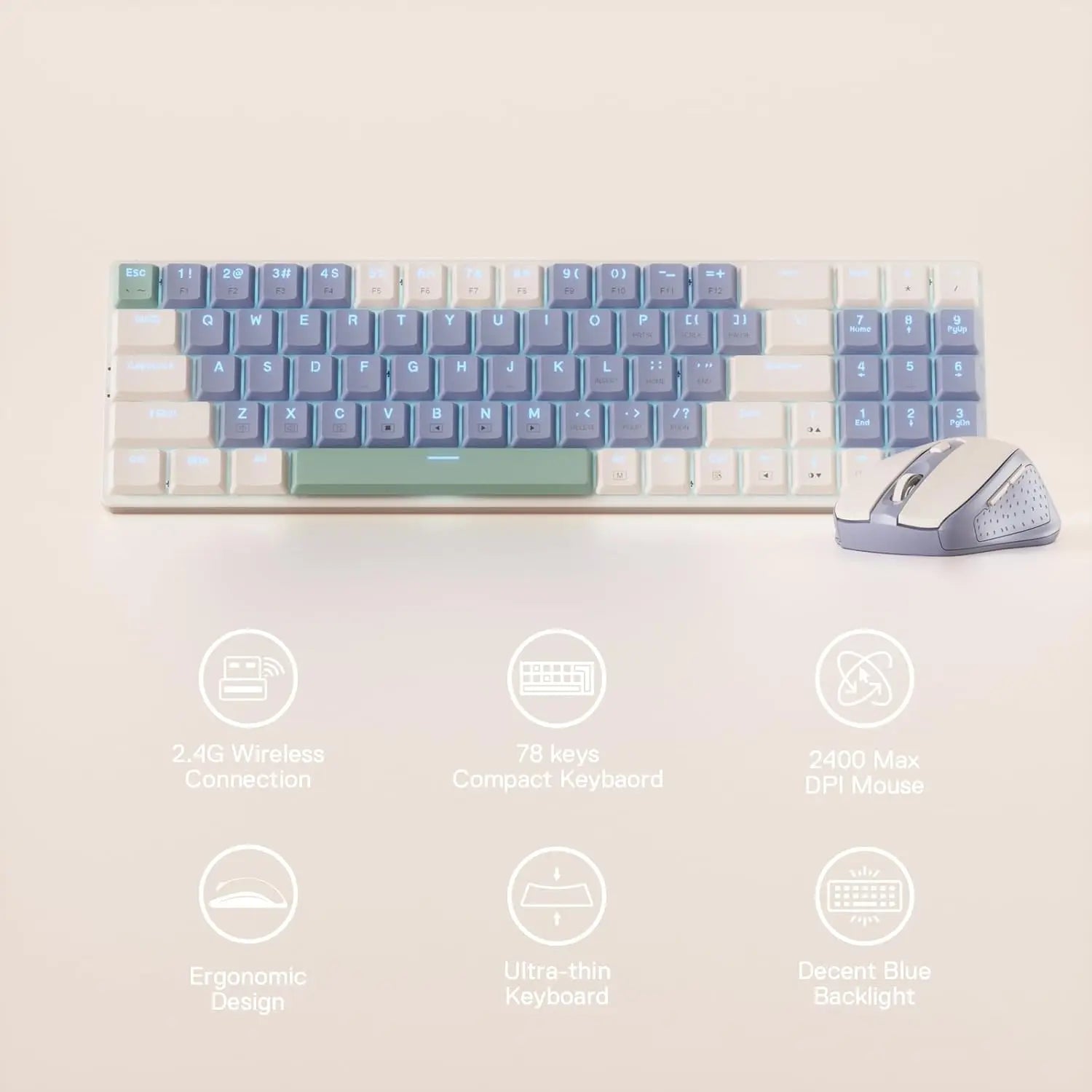 Redragon BS8772 Wireless Keyboard & Mouse Combo – 78-Key Low-Profile Mechanical Keyboard with 2.4GHz Wireless & 2400 DPI Ergonomic Mouse