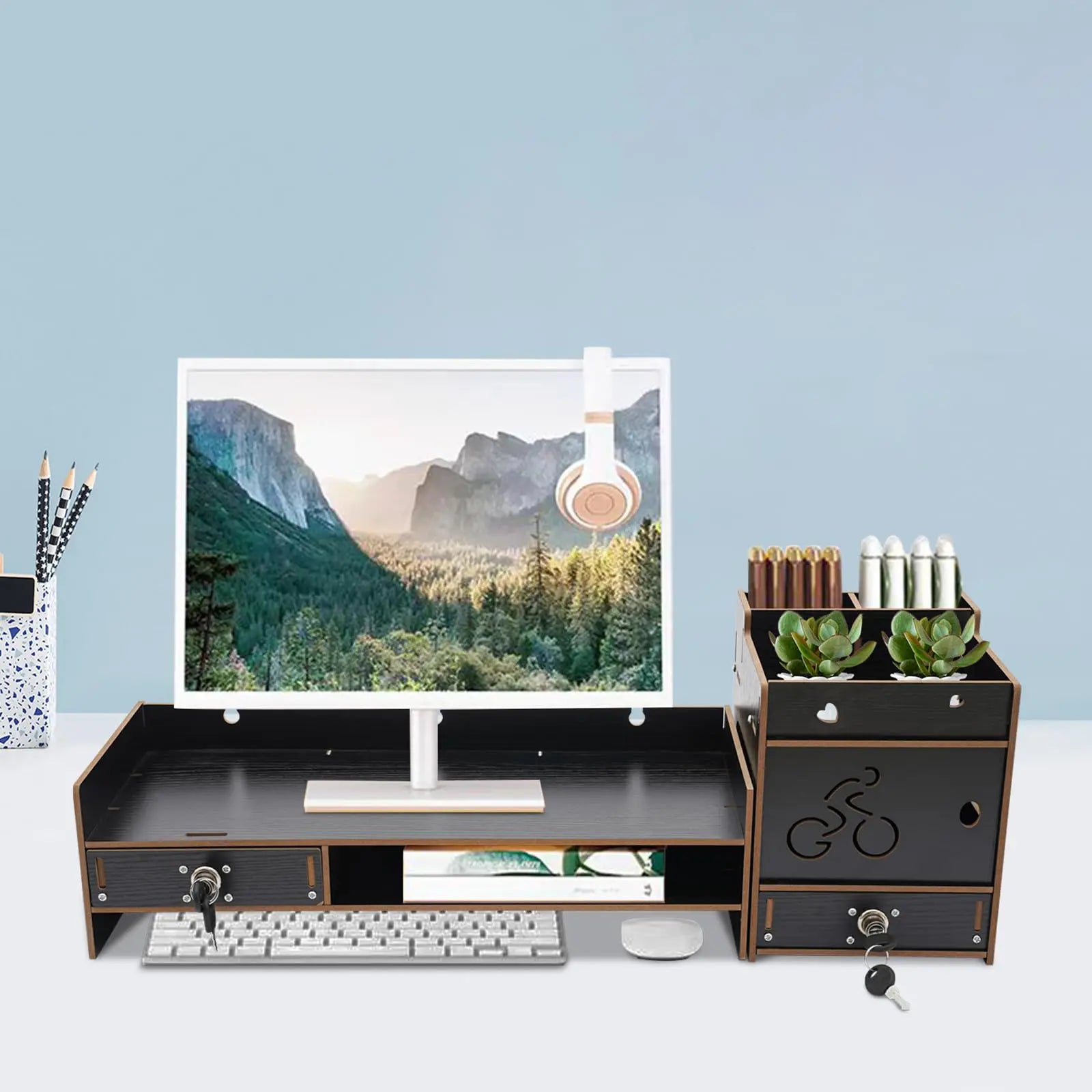 Wooden Computer Monitor Stand with Lockable Drawers – Desk Riser & Organizer Shelf for Office Storage and Workspace Setup