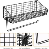 Black Metal Wall Basket Organizer with Paper-Towel Holder – Wall-Mounted Shelf Storage for Kitchen, Bathroom & Bedroom