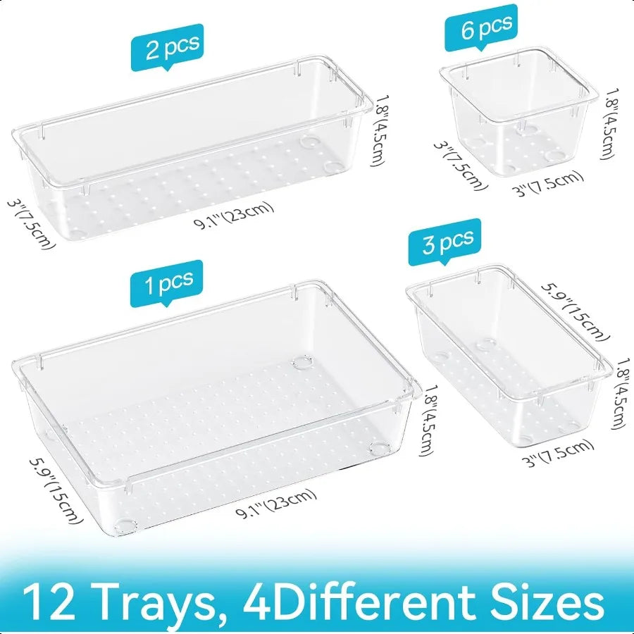 12-Piece Crystal Clear Drawer Organizer Set – Multi-Size Storage Trays for Vanity, Kitchen & Office