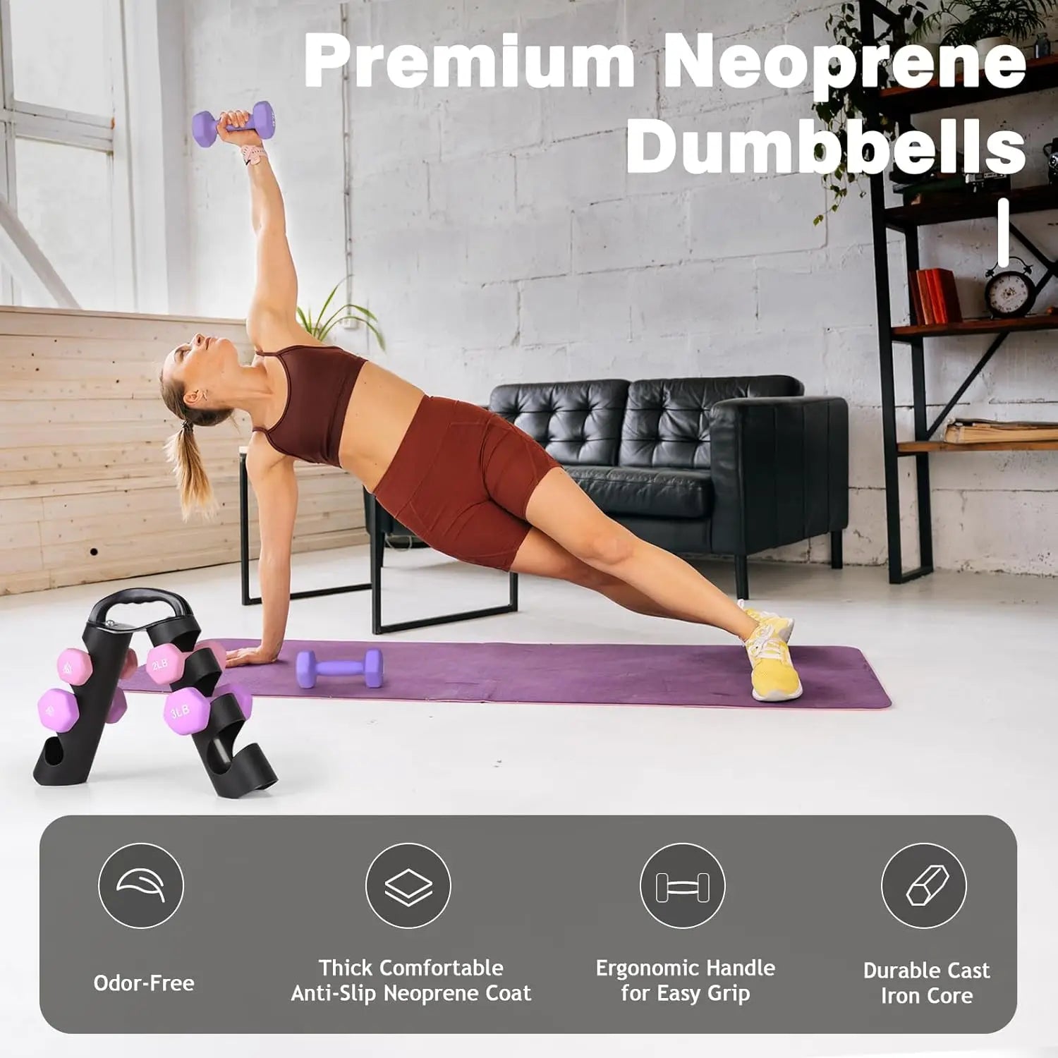 18LB Neoprene-Coated Hex Dumbbell Set (6 PCS + Stand) – Anti-Slip, Anti-Roll Strength Training Weights in Lilac Fantasy
