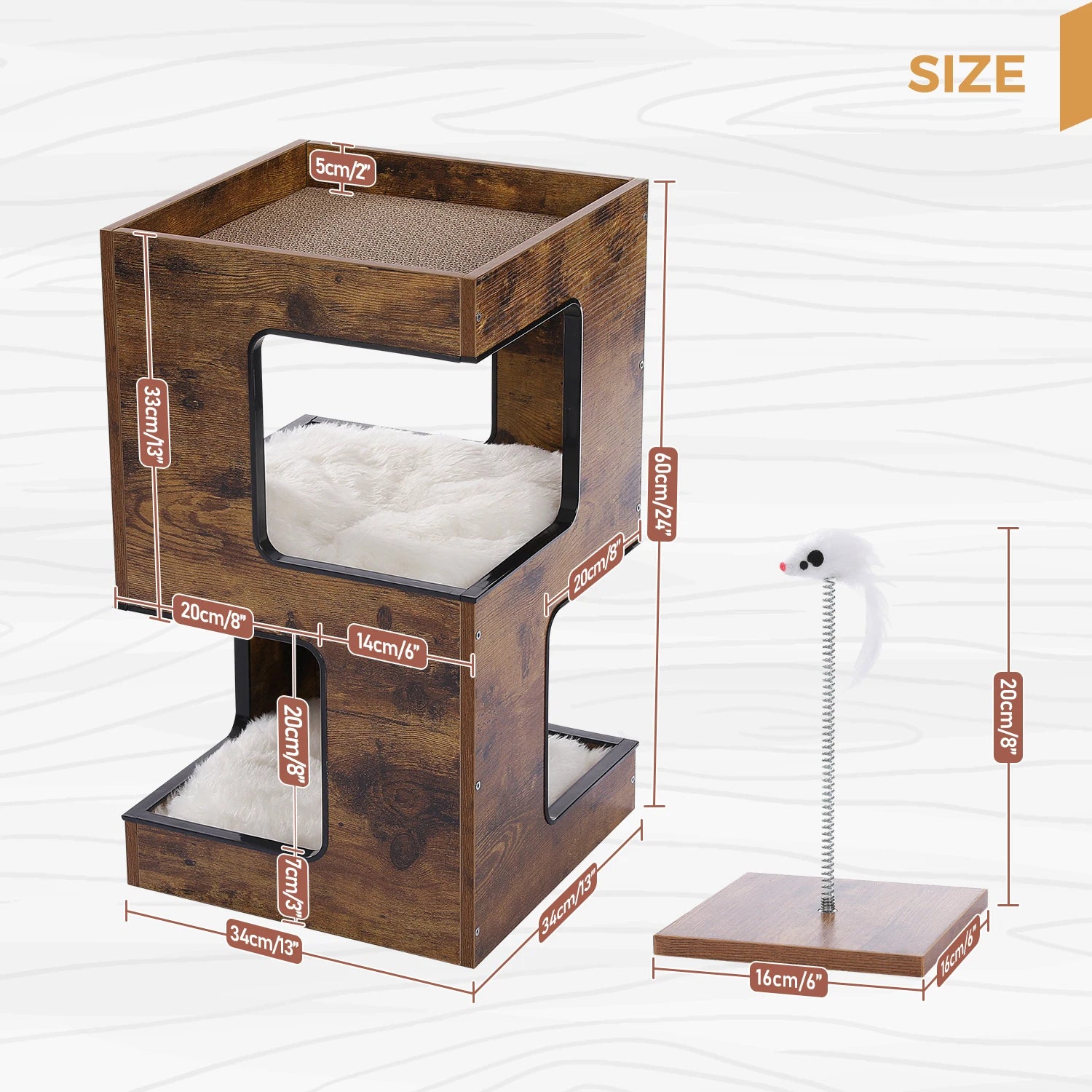 Cat Bed with Two Large Condos – Wooden Cat Condo House with Scratching Pad, Detachable Scratcher & Plush Mats, Cat Furniture