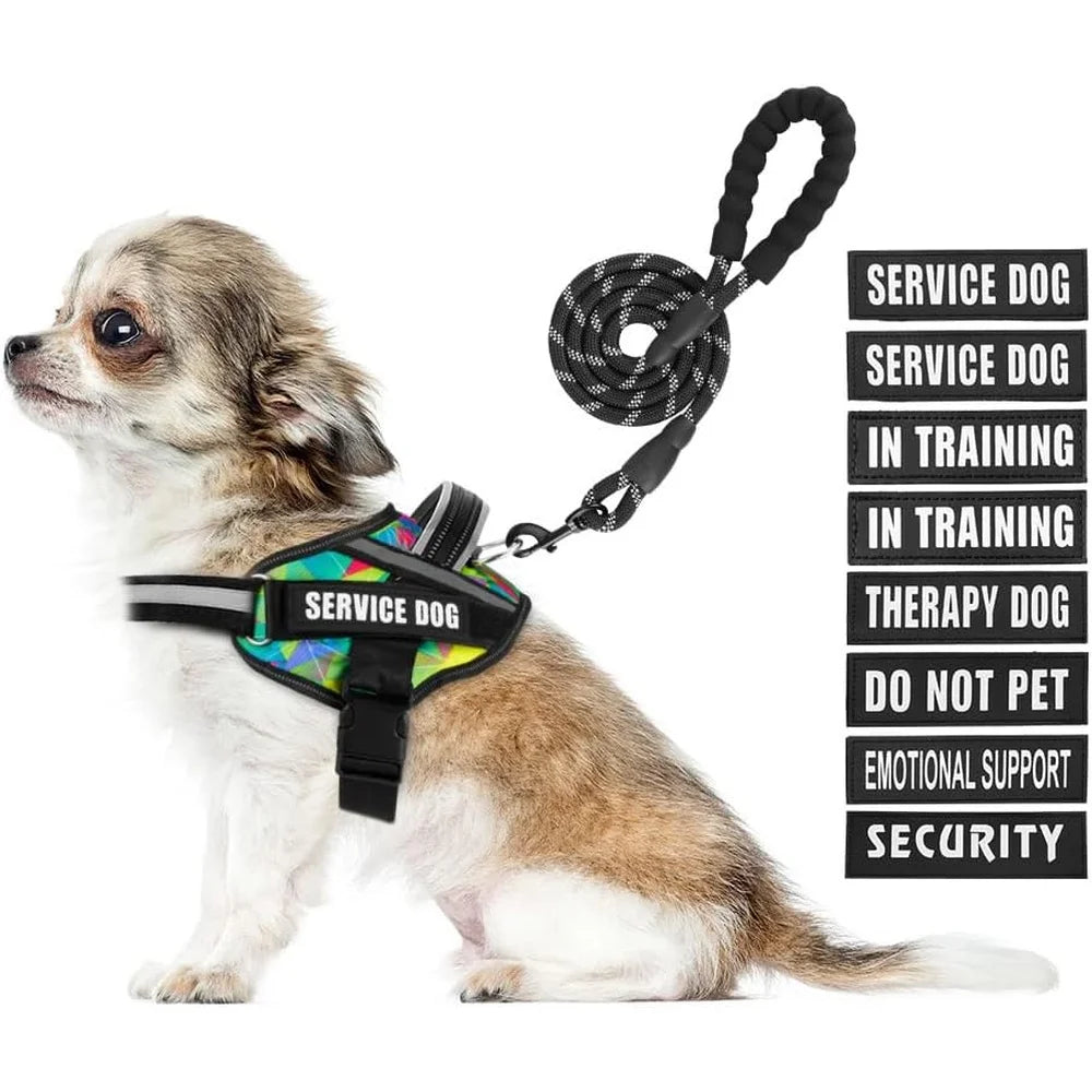Service Dog Harness & Leash Set – Reflective No-Pull Training Vest with 10 Removable Patches, Multi-Color Options (S–XL Dogs)