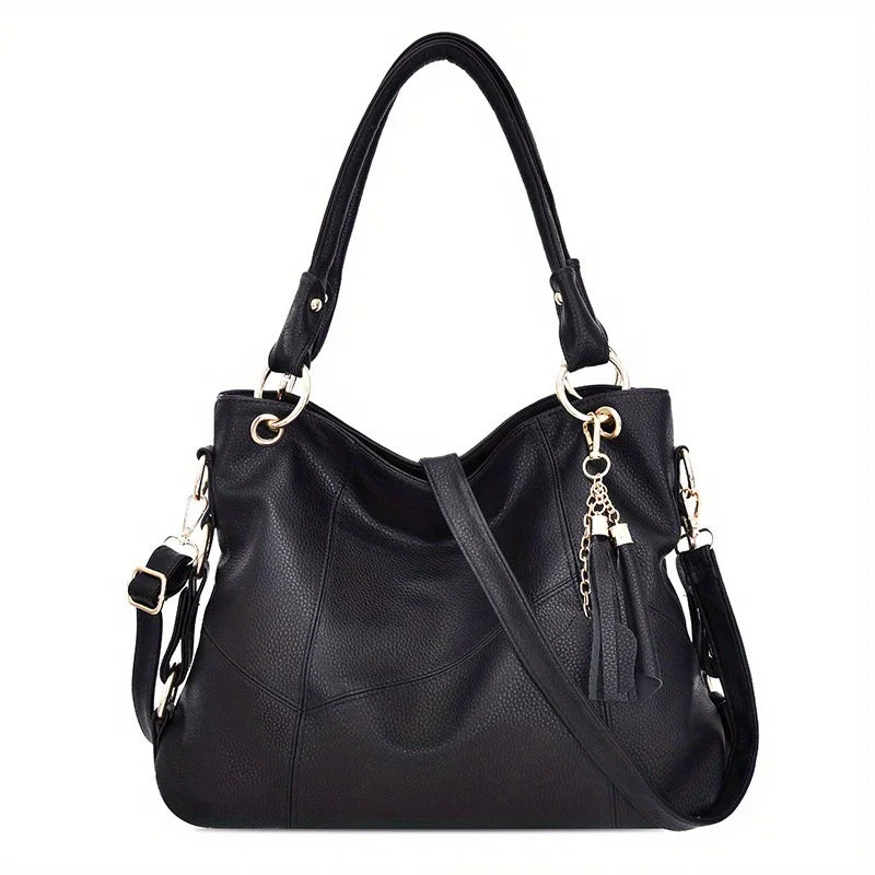 Classic Design Soft Leather Hobo Bag – 2-Way Carry Large Capacity Tote & Crossbody with Trendy Keychain 👜✨