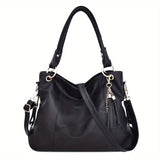 Classic Design Soft Leather Hobo Bag – 2-Way Carry Large Capacity Tote & Crossbody with Trendy Keychain 👜✨