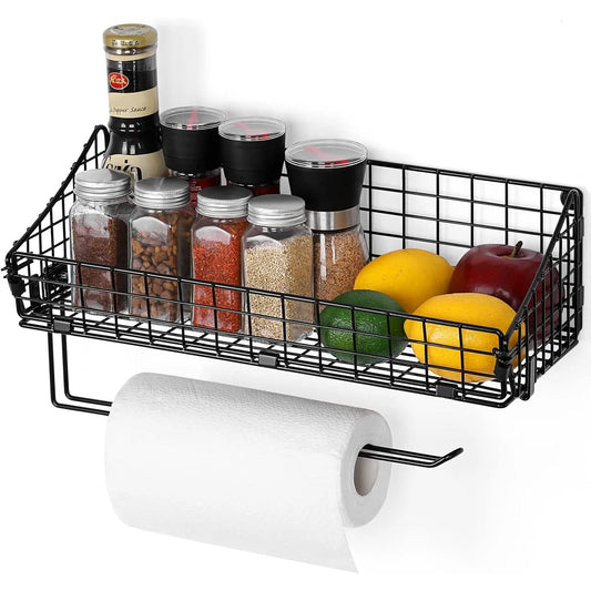 Metal Wall-Mounted Basket Organizer with Paper Towel Holder & Shelf – Rust-Resistant Black Finish