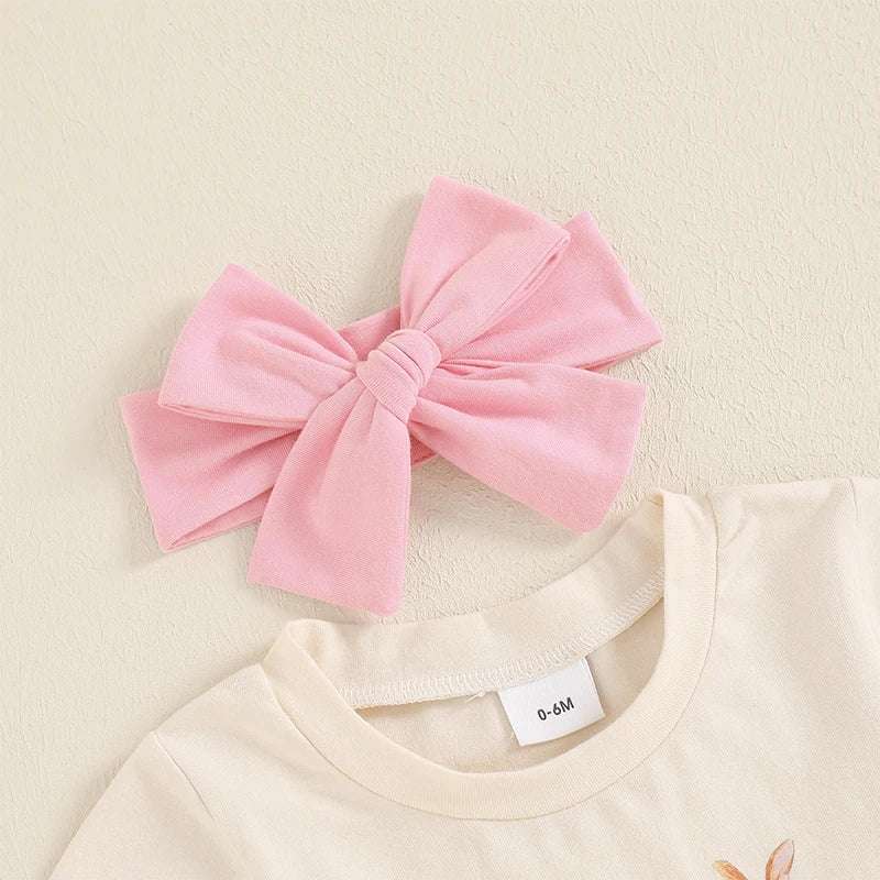“Toddler Girl Easter Outfit – 3-Piece Bow Bunny Print T-Shirt, Flare Pants & Headband Set”