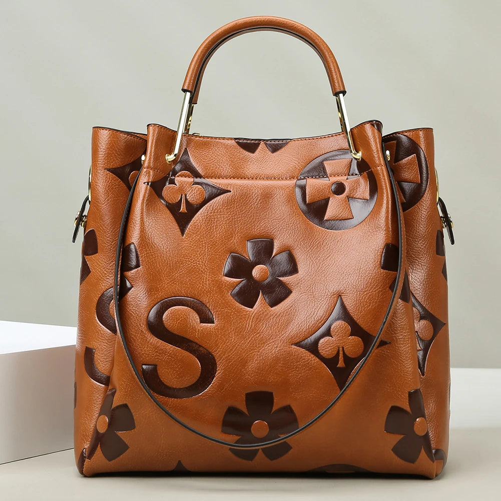 Women’s PU Leather Bucket Bag – Embossed Large-Capacity Shoulder Tote with Top Handle for Work, Shopping & Travel