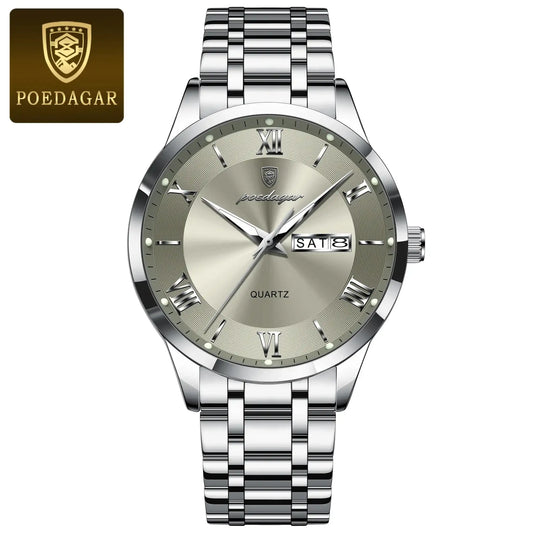 Poedagar Men’s Business Watch – Stainless Steel Waterproof Quartz Wristwatch with Luminous Dial & Date/Week Display