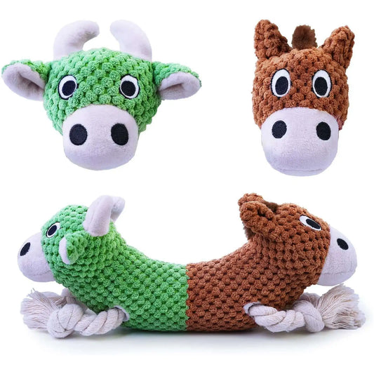 Double-Headed Plush Squeaky Dog Toy – Cow & Horse Chew Toy for Small, Medium & Large Dogs