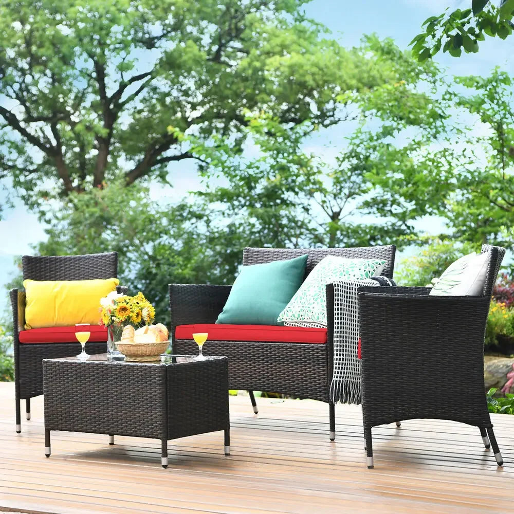 “8-Piece Patio Rattan Conversation Set – Outdoor Wicker Sofa, Chairs & Table with Red Cushions”