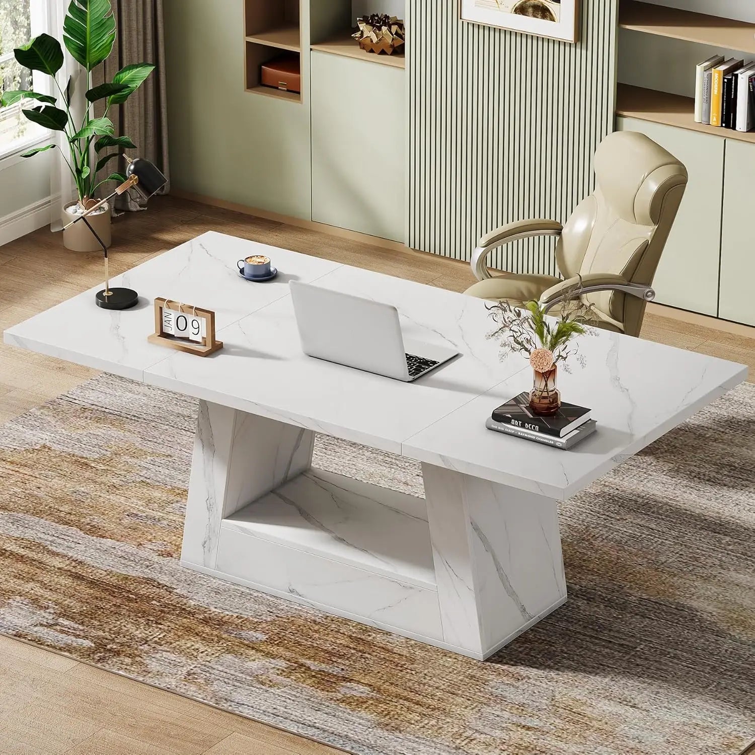 🖥️ 63" Modern Computer Desk – Large Office Executive Writing Desk with Faux Marble Finish for Home & Business