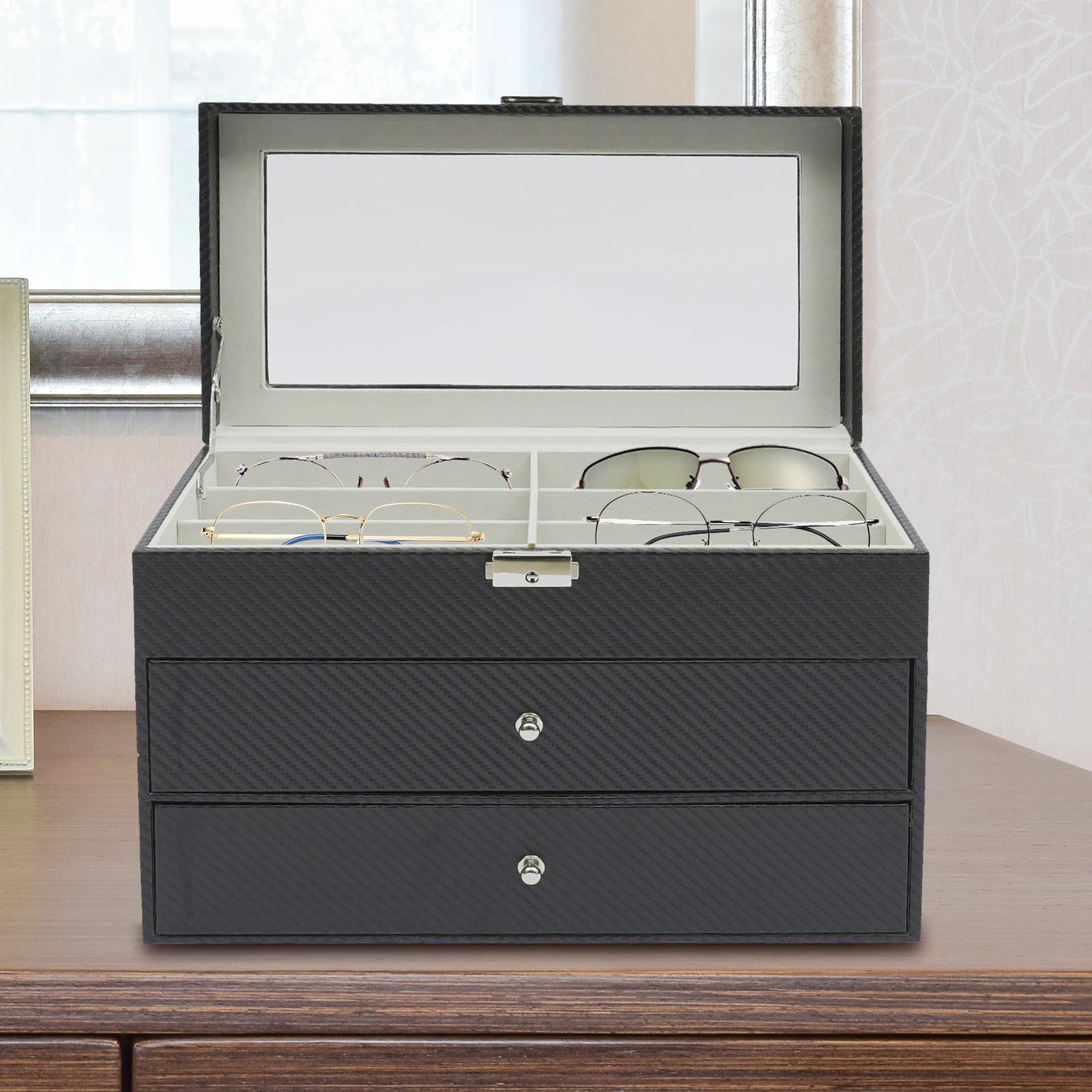 3-Tier Eyeglasses Storage Box – Drawer Style Sunglasses Organizer with 18 Individual Compartments