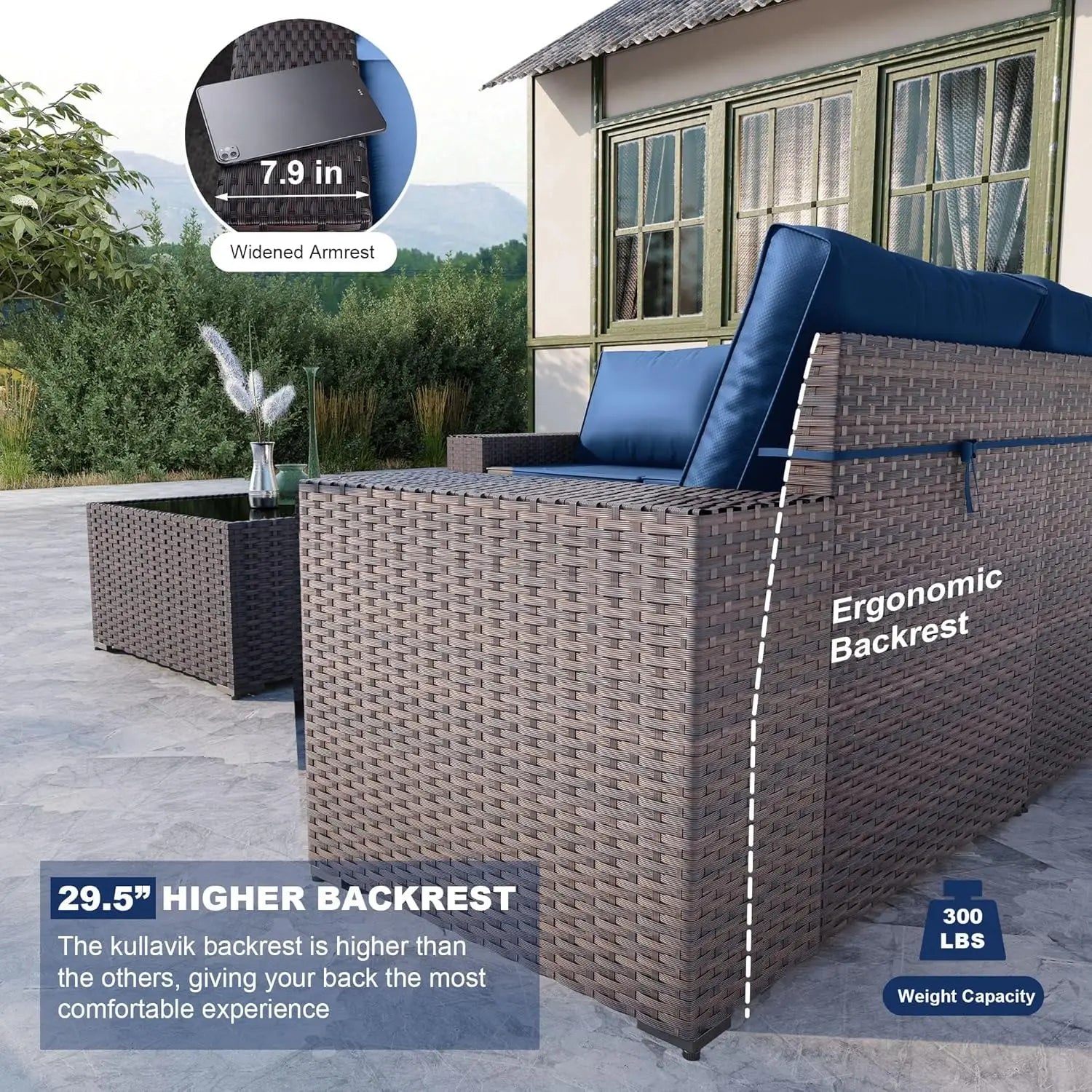 6-Piece Outdoor Patio Furniture Set – PE Wicker Rattan Sectional Sofa with Navy Blue Cushions | Modern Patio Conversation Set