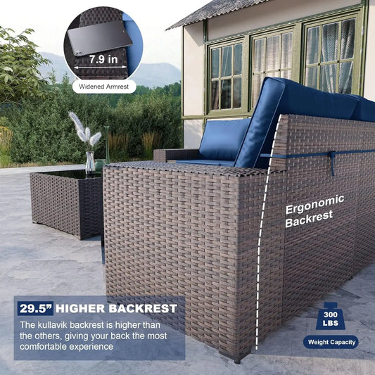6-Piece Outdoor Patio Furniture Set – PE Wicker Rattan Sectional Sofa with Navy Blue Cushions | Modern Patio Conversation Set