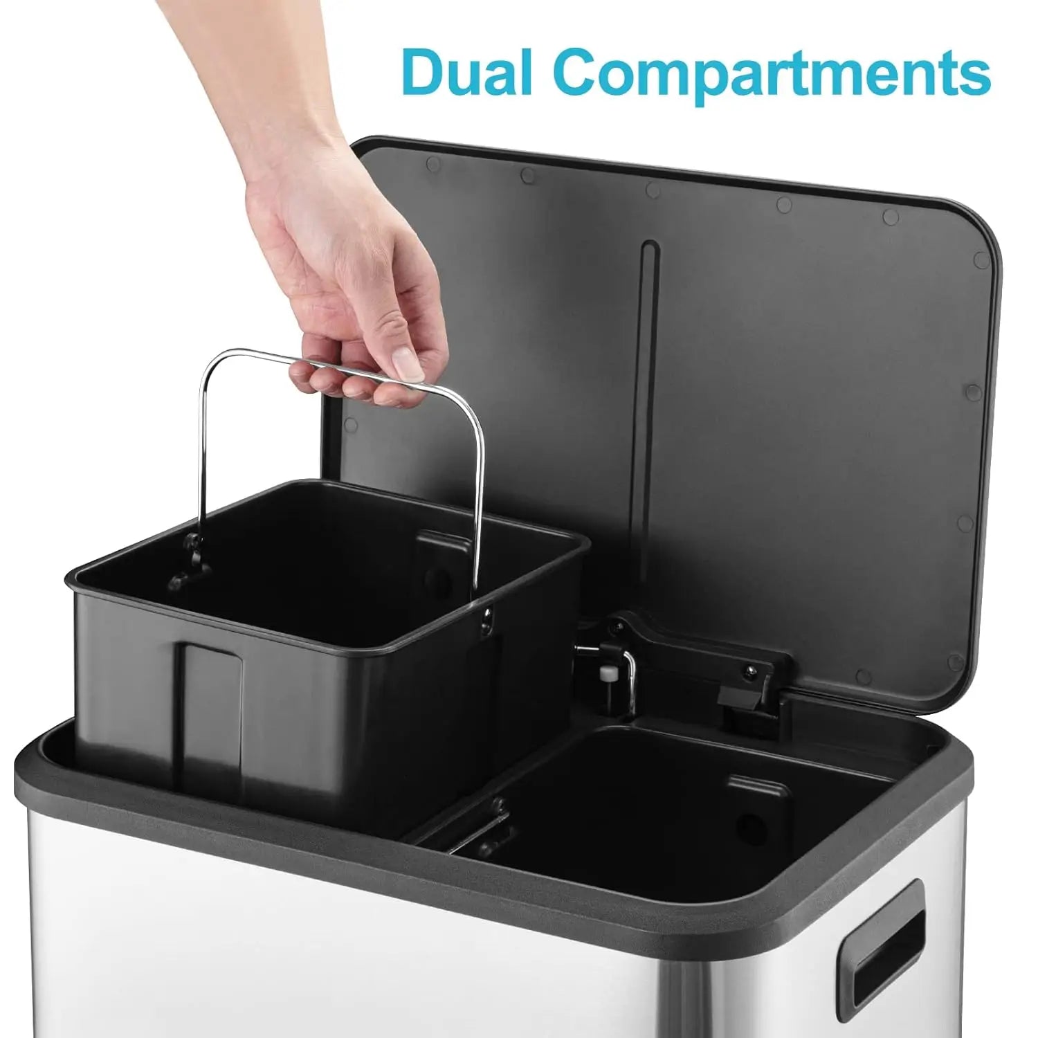 Dual Trash Can – Stainless Steel 2 × 4 Gallon (2 × 15L) Garbage & Recycling Bin with Pedal, Inner Buckets & Soft-Close Lid