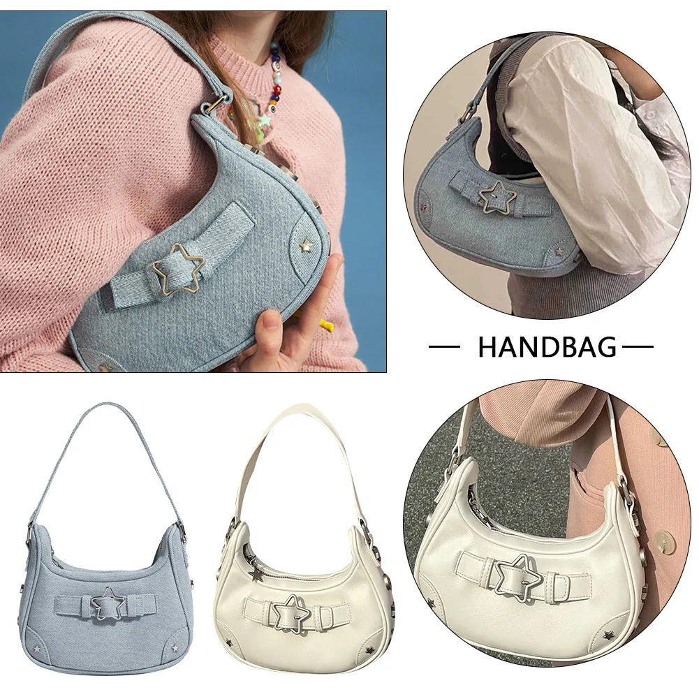 Women’s Vintage Y2K Top-Handle Handbag – Solid Color Purse with Zipper & Star Decor, Cute Tote Gift for Girls