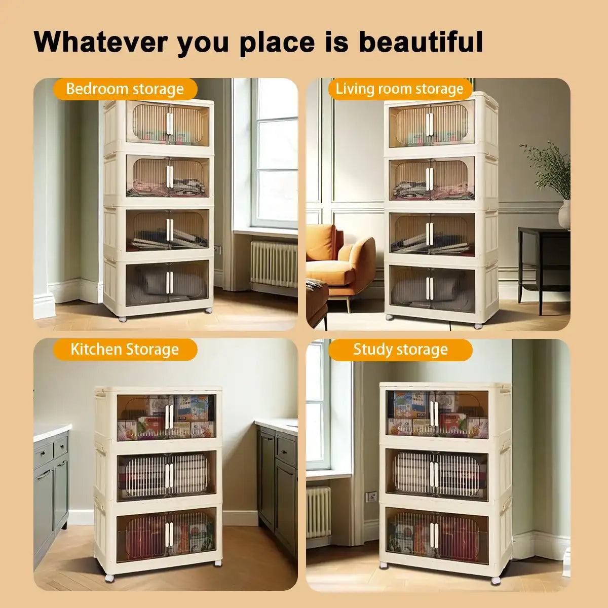 Cream-White Magnetic Door Plastic Storage Cabinet – Stackable Home Organizer Bin with Lids for Clothes, Toys & More