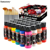 Fantastory 60 ml Acrylic Paint Set – 24 Vibrant Colors + 12 Brushes | Canvas, Wood, Glass, Stone Craft Kit