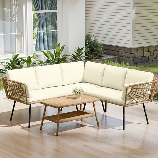 4-Piece L-Shaped Rattan Wicker Patio Furniture Set – Modern Sectional Outdoor Conversation Sofa