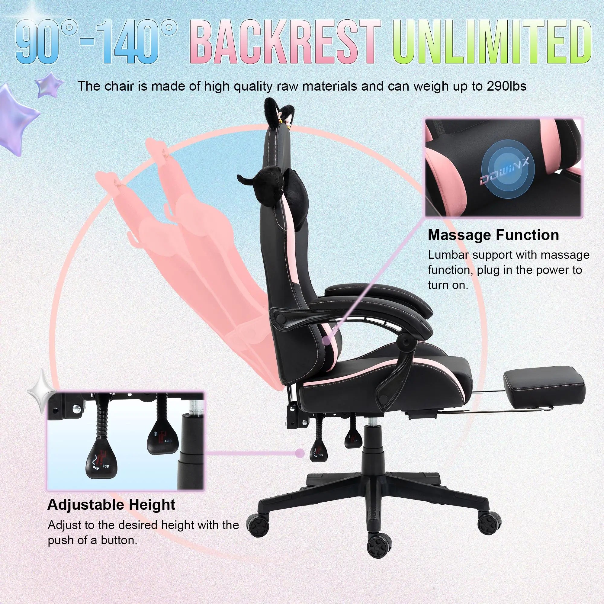 Dowinx Cute Gaming Chair with Cat Ears – Ergonomic Computer Chair with Massage Lumbar Pillow, Footrest & Headrest for Girls & Teens