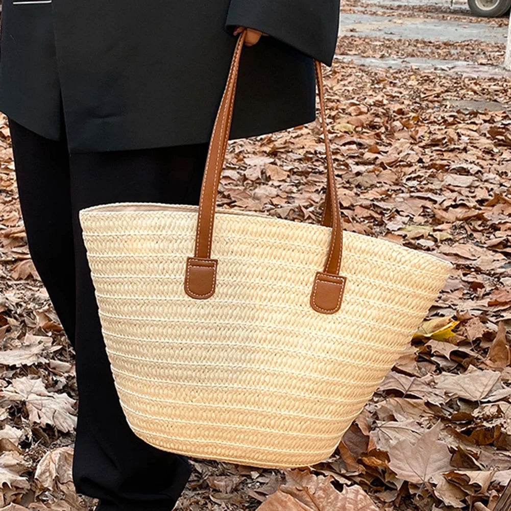 Large Capacity Woven Beach Tote Bag – Casual Solid-Colour Shoulder Bag for Women