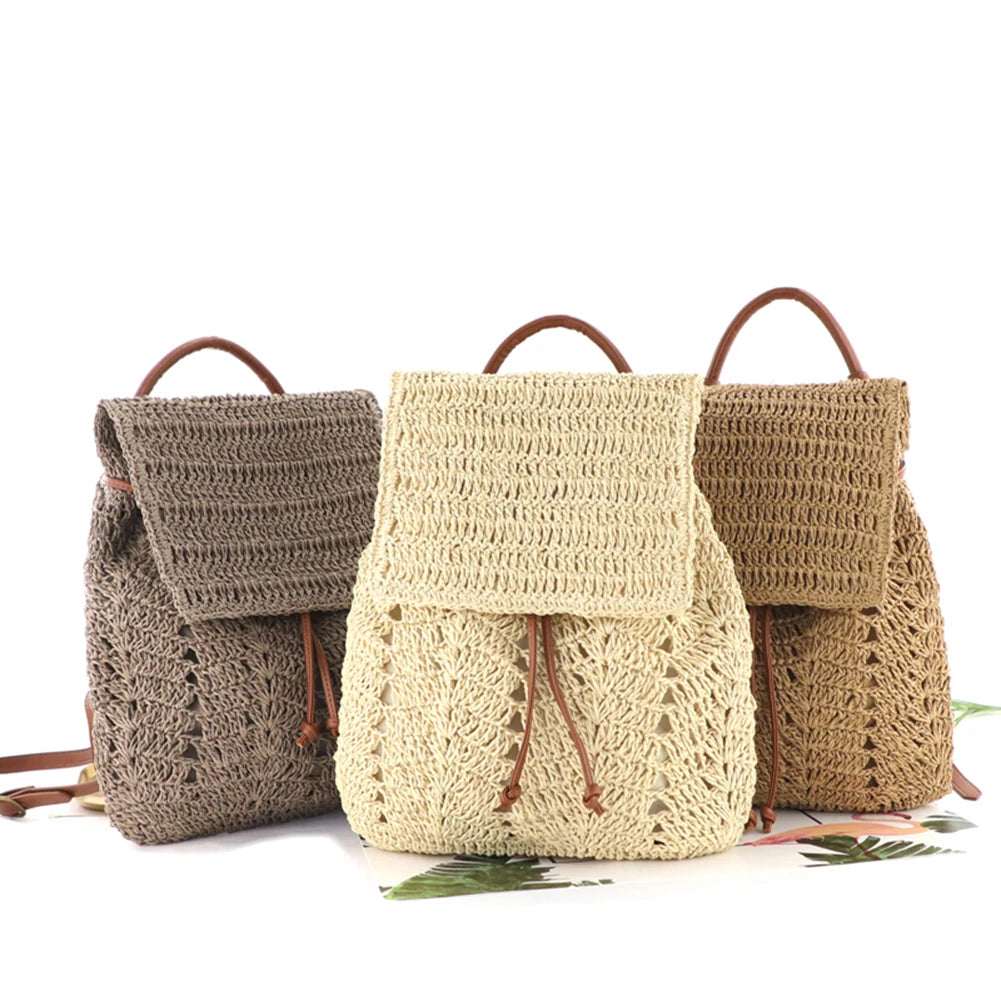 Woven Straw Shoulder Backpack for Women – Summer Beach & Holiday Bucket Purse Bag