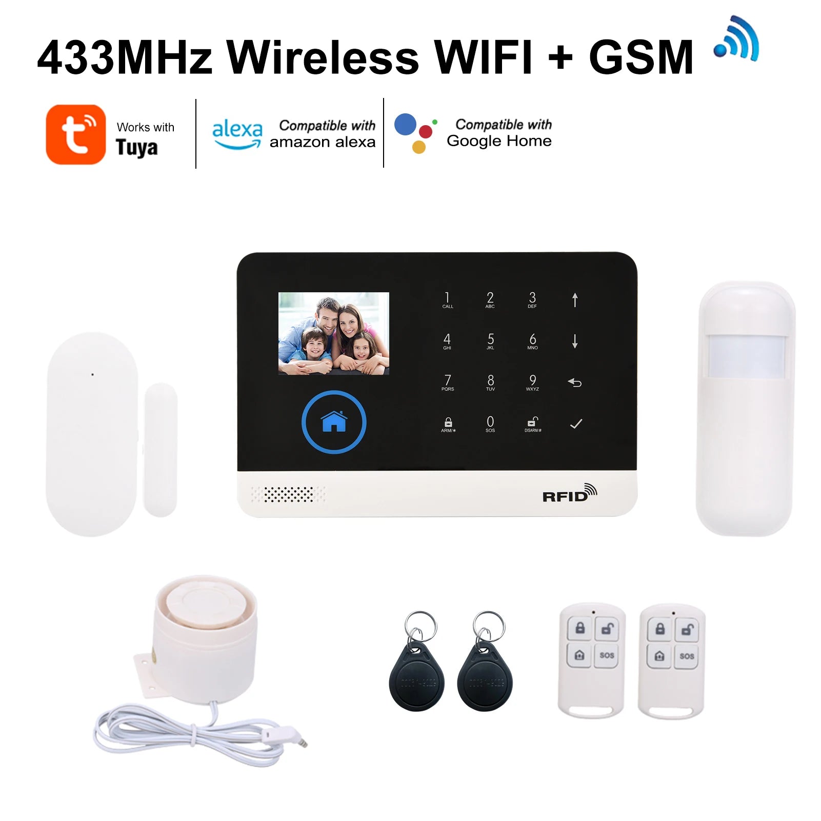 433MHz Wireless WiFi GSM Auto-Dial Alarm System – LCD Display with PIR Motion Sensor, Door Sensor & Remote App Control