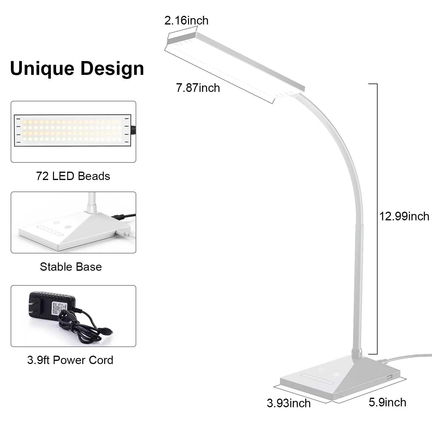💡 12W LED Desk Lamp with 72 LEDs – Flexible Touch Sensor Reading Light, Dimmable Night Lamp for Home & Office