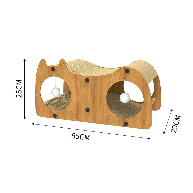 “Sisal Cat Scratcher Tunnel & Bed with Hanging Toys – Durable Cardboard House for Small to Medium Indoor Cats”