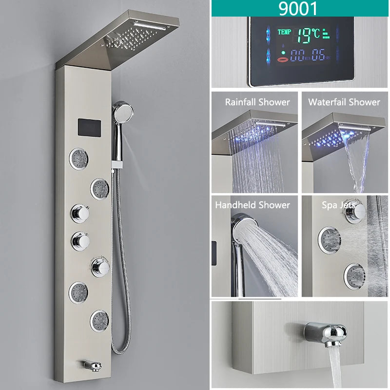LED Light Rainfall Shower Panel System – Thermostatic Mixer Tap with Massage Jets & Digital Temperature Screen