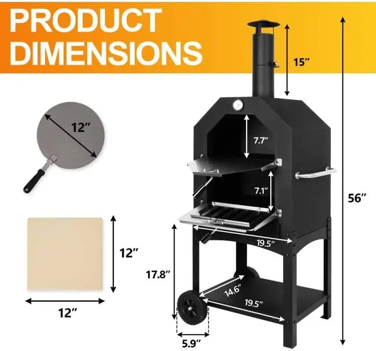 “Outdoor Wood-Fired Pizza Oven – Portable Patio Pizza Maker with Cooking Grill, Wheels & Waterproof Cover for Backyard & Camping”