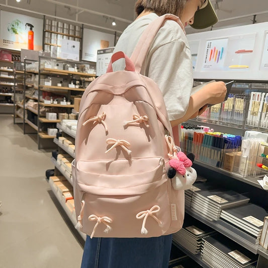 Fashion Bow Laptop Backpack – Large-Capacity Student Rucksack | Stylish Solid-Color Multi-Pocket Travel Daypack