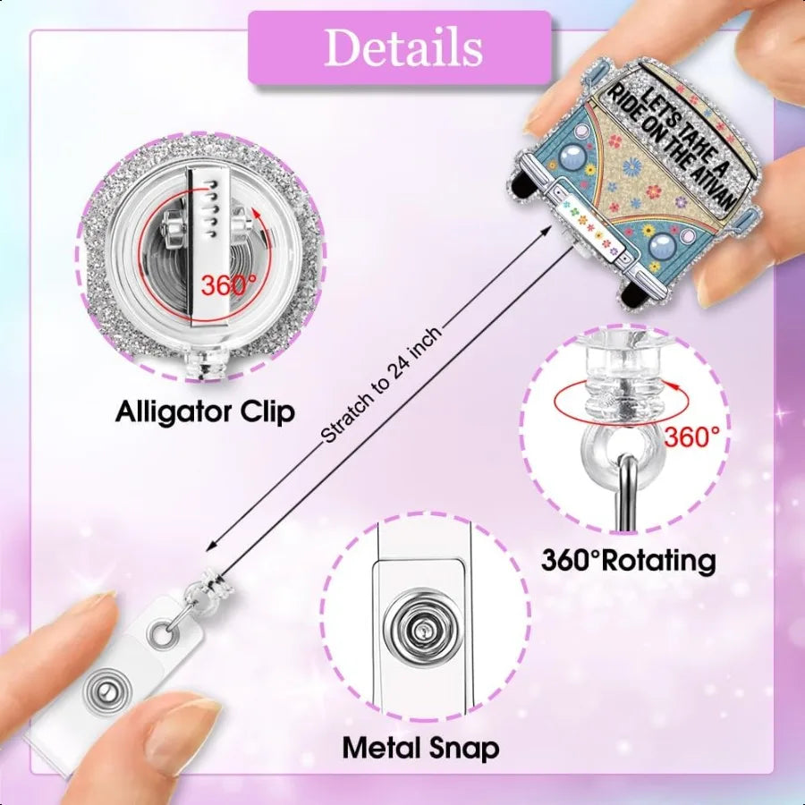 🌸 Funny Silver Glitter Badge Reel – “Let’s Take a Ride on the Ativan” Retractable Flower Bus ID Card Holder with Clip
