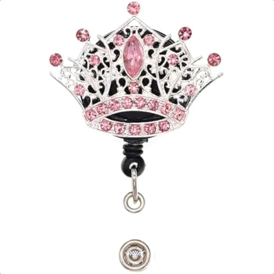 👑 Crystal Rhinestone Crown Badge Reel – Retractable ID Card Holder with Decorative Crown Design for Nurses & Office Staff