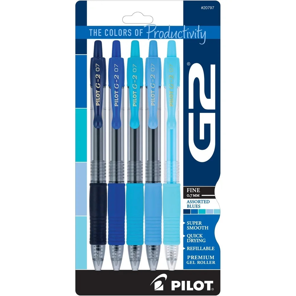 G2 Premium Gel Pens – Assorted Blue Ink, Fine Point 0.7mm, Smooth Writing with Ergonomic Grip – 5 Pack