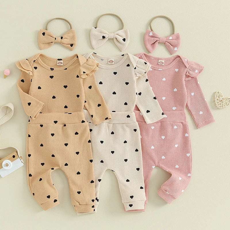 Infant Baby Girl Waffle-Knit Heart Romper, Pants & Headband 3-Piece Fall Outfit Set