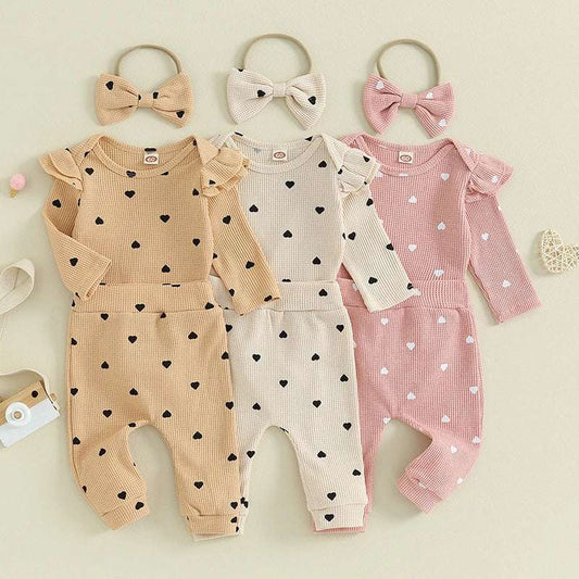 Infant Baby Girl Waffle-Knit Heart Romper, Pants & Headband 3-Piece Fall Outfit Set