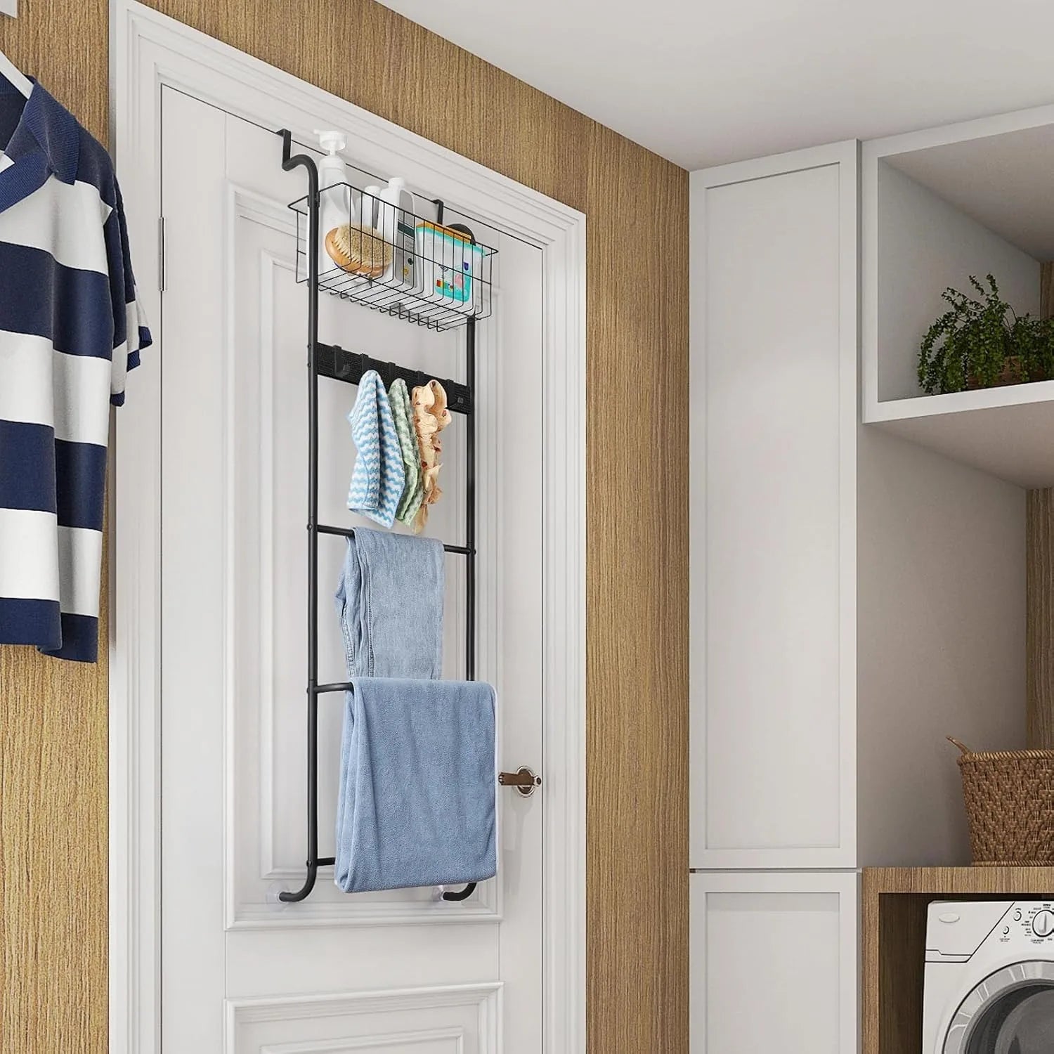 5-Tier Over-Door Metal Towel Rack with Hooks & Basket – Heavy-Duty Space-Saving Storage Organizer