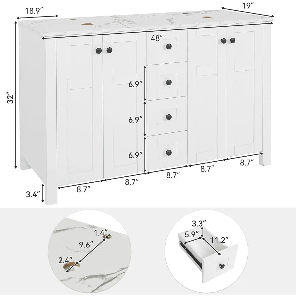 48" White Bathroom Vanity – Marble-Texture Top, 4 Drawers & Double Glass Vessel Sinks (Modern Standing Cabinet)