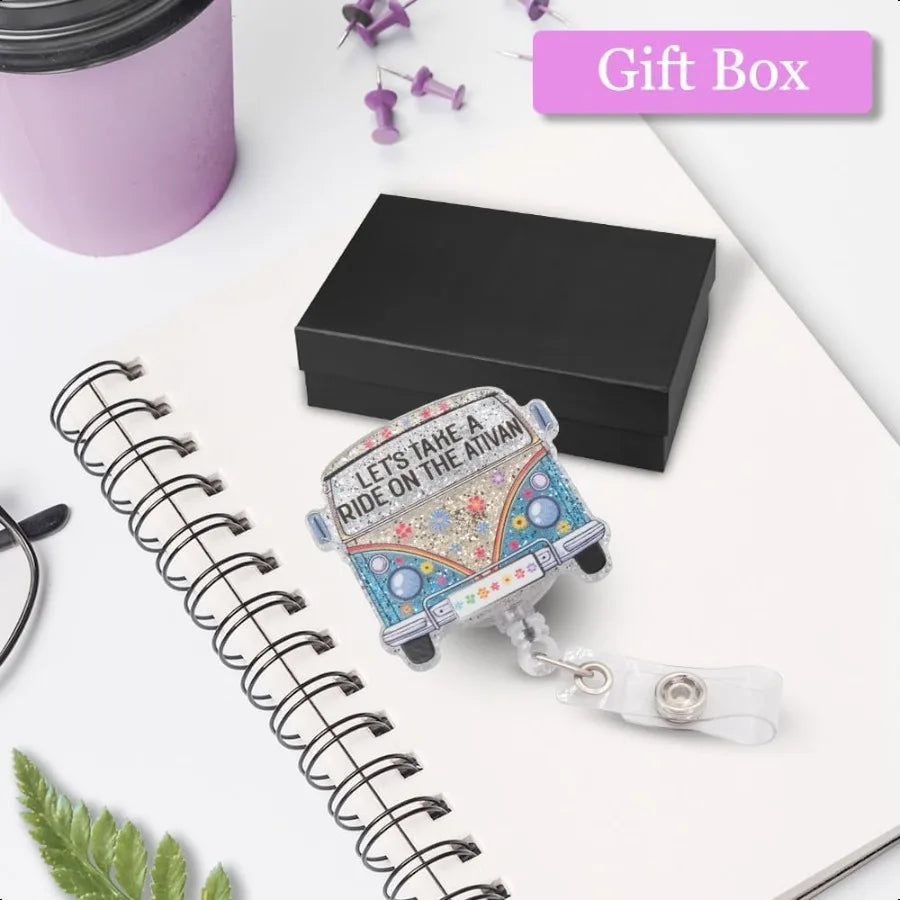 🌸 Funny Silver Glitter Badge Reel – “Let’s Take a Ride on the Ativan” Retractable Flower Bus ID Card Holder with Clip