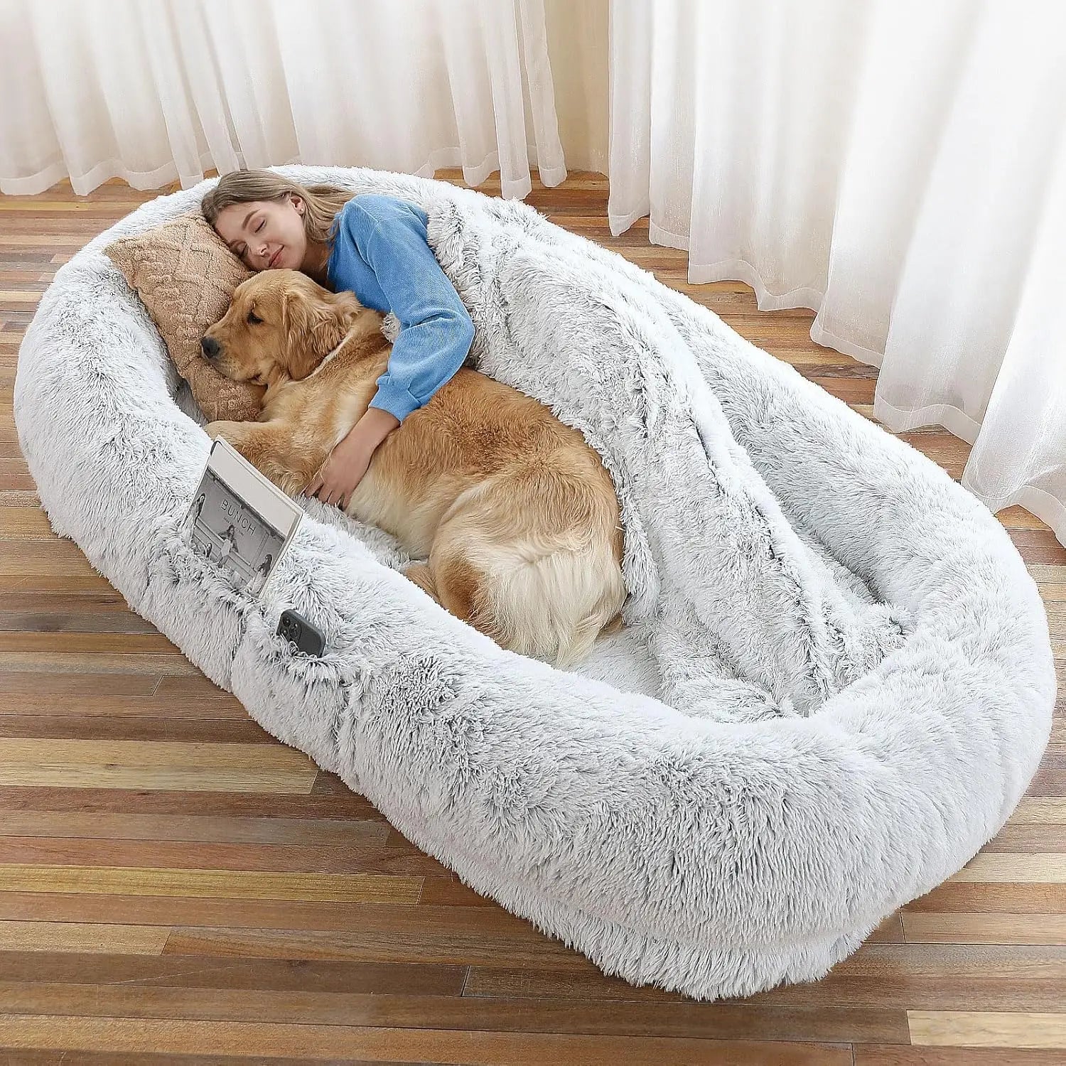 Human Dog Bed (71" x 45" x 12") – Oversized Faux Fur Washable Pet Bed for People & Pets