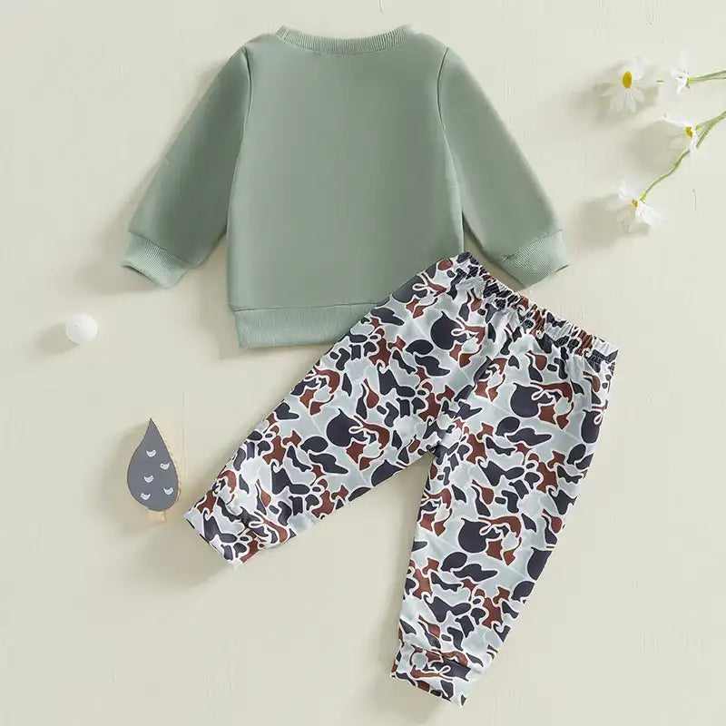 Spring Duck Embroidery Pullover & Camouflage Pants 2-Piece Outfit Set for Baby Boys