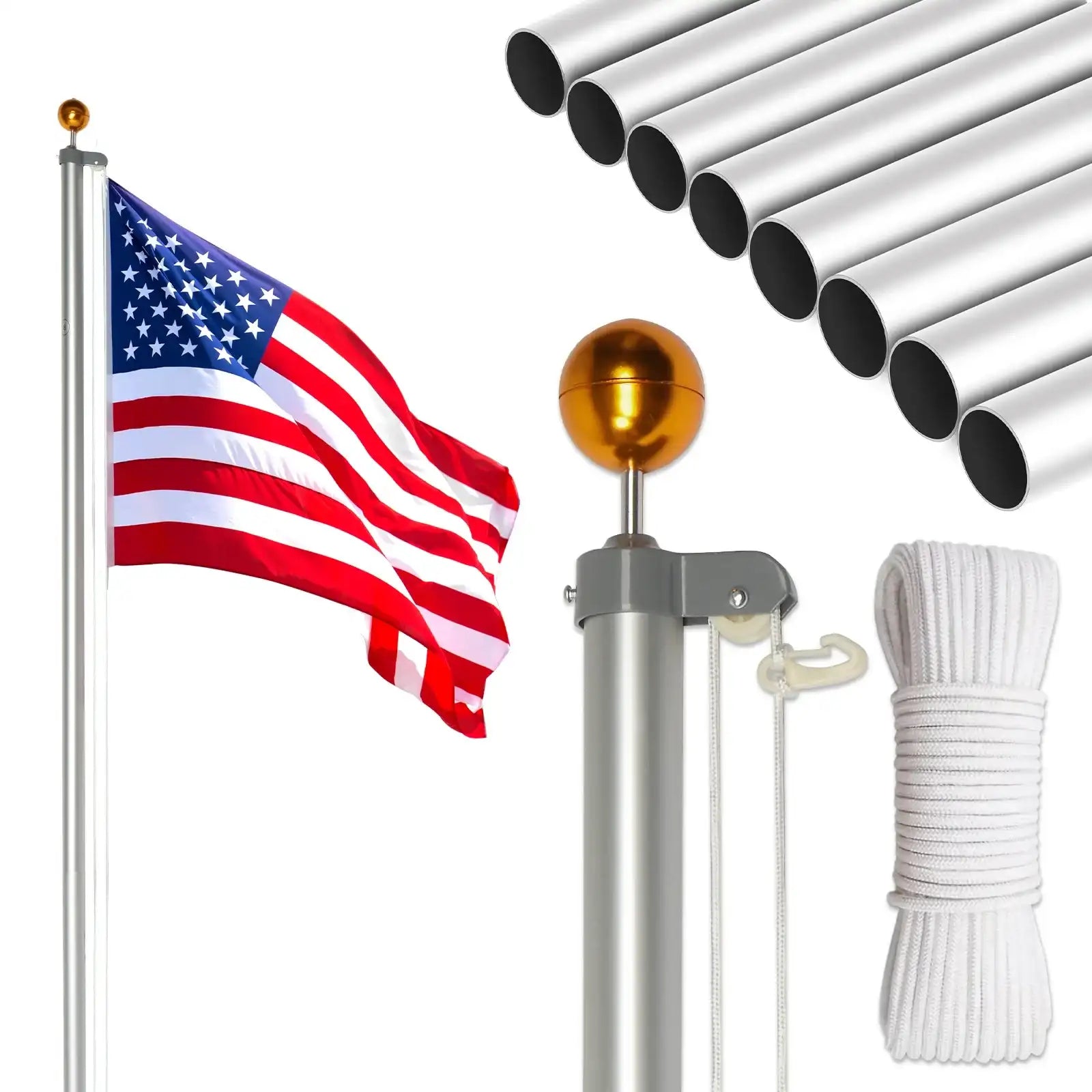 30 ft Sectional Aluminum Flag Pole Kit – Extra-Thick In-Ground Flagpole for Outdoor Use (Includes 5×3 US Flag)