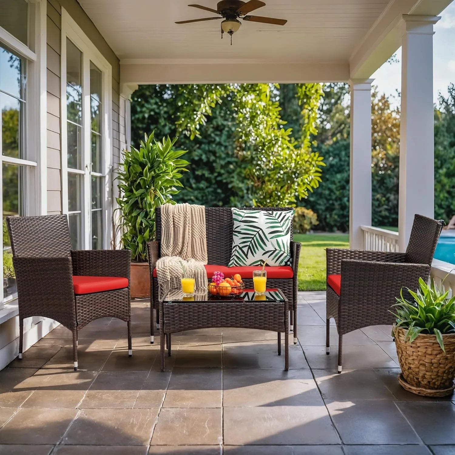 4-Piece Red Rattan Wicker Patio Chair Set – Outdoor & Indoor Furniture for Garden, Poolside, Balcony, and Porch