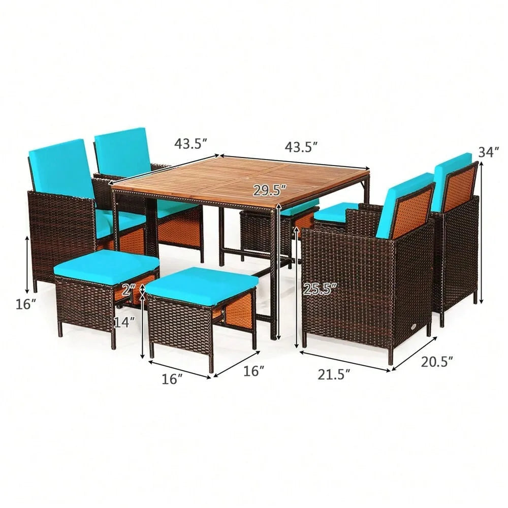 “9-Piece Rattan Wicker Patio Dining Set – Outdoor Dining Table & Chairs with Turquoise Cushions”