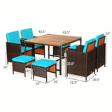 “9-Piece Rattan Wicker Patio Dining Set – Outdoor Dining Table & Chairs with Turquoise Cushions”