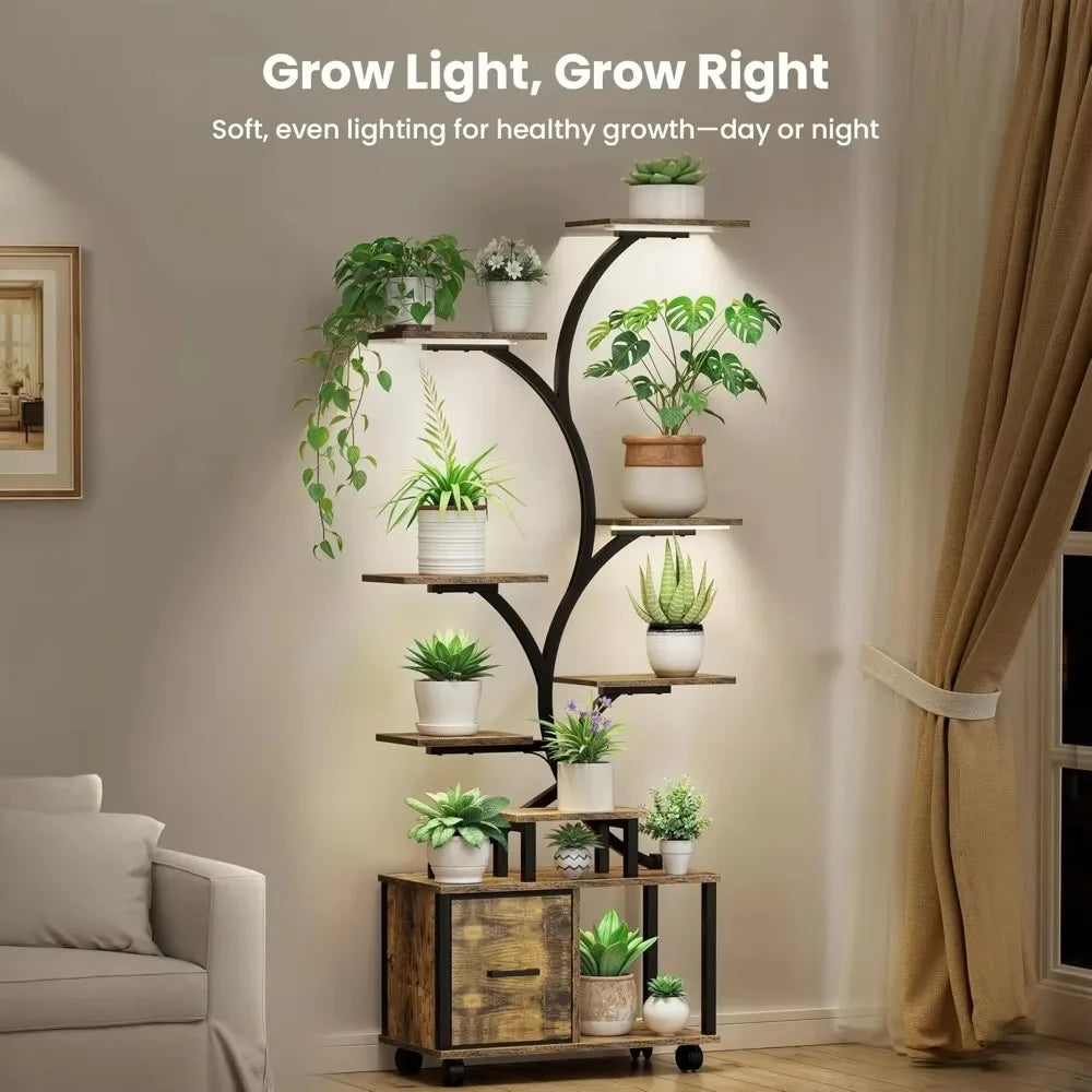 “65-Inch Indoor Plant Stand with Grow Lights – Tiered Metal Shelf with Wheels & Drawer for Home Plant Storage & Decor”
